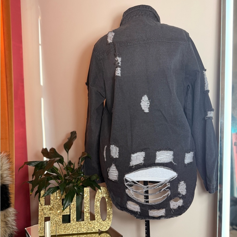 Distressed Black Denim Jacket - Picture 3 of 4